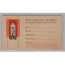 ARGENTINA 1930 AGAROL TARJETA PUBLICITARIA DE MEDICINA CON FRANQUEO PAGO, FECHA TENTATIVA